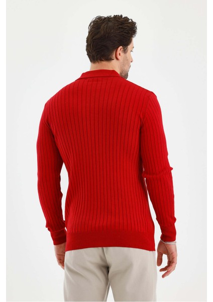 Kırmızı Erkek Polo Yaka Fitilli Triko Kazak