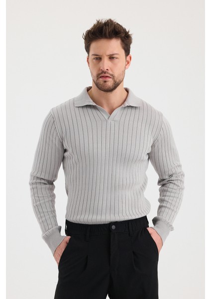 Erkek Polo Yaka Fitilli Triko Kazak