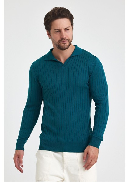 Erkek Polo Yaka Fitilli Triko Kazak