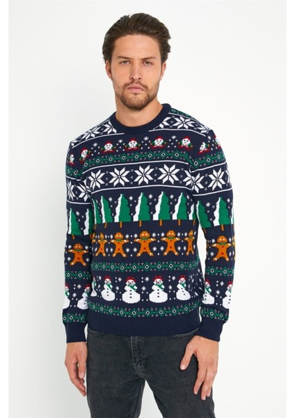 Lacivert Beyaz Erkek Christmas Yılbaşı Kazağı