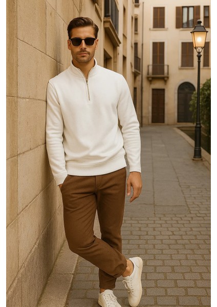 Erkek Kışlık Polo Yaka Beyaz Fermuarlı Sweatshirt modelleri