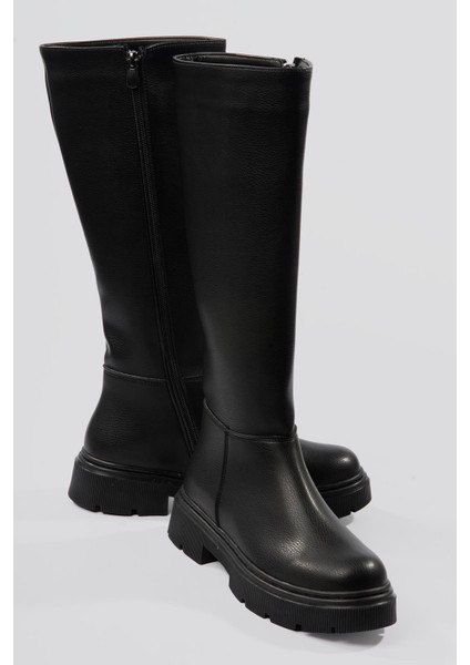 Kadın Deri Çizme Kalın Tabanlı Fermuarlı Siyah Morre