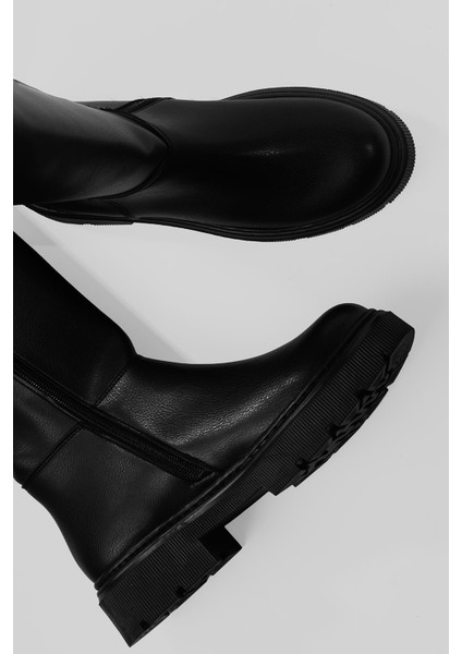 Kadın Deri Çizme Kalın Tabanlı Fermuarlı Siyah Morre modelleri