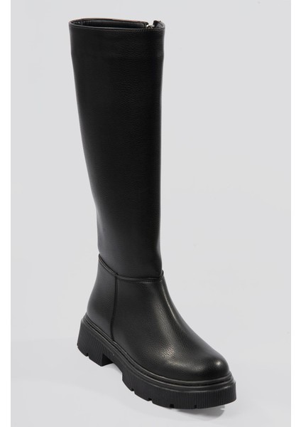 Kadın Deri Çizme Kalın Tabanlı Fermuarlı Siyah Morre fırsatları