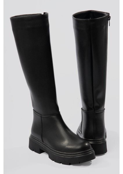 Kadın Deri Çizme Kalın Tabanlı Fermuarlı Siyah Morre indirimleri