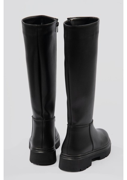 Kadın Deri Çizme Kalın Tabanlı Fermuarlı Siyah Morre