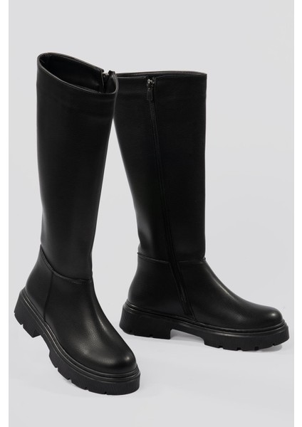 Kadın Deri Çizme Kalın Tabanlı Fermuarlı Siyah Morre