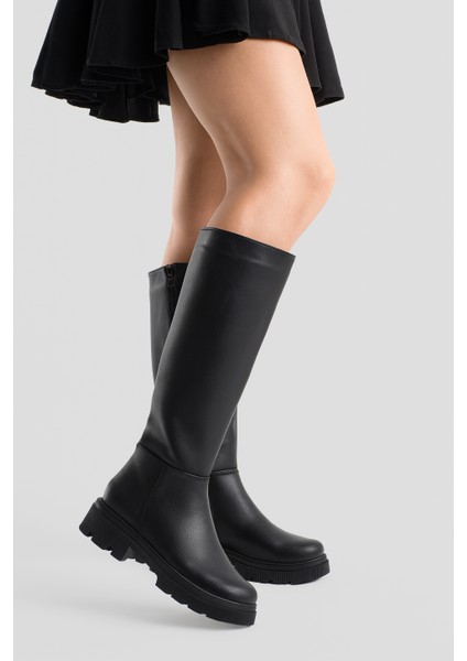 Kadın Deri Çizme Kalın Tabanlı Fermuarlı Siyah Morre