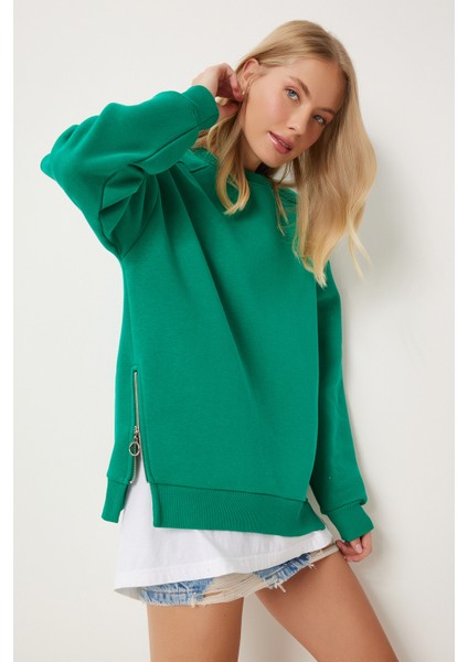 Fermuar Detaylı Şardonlu Sweatshirt LUB0003 Koyu Yeşil