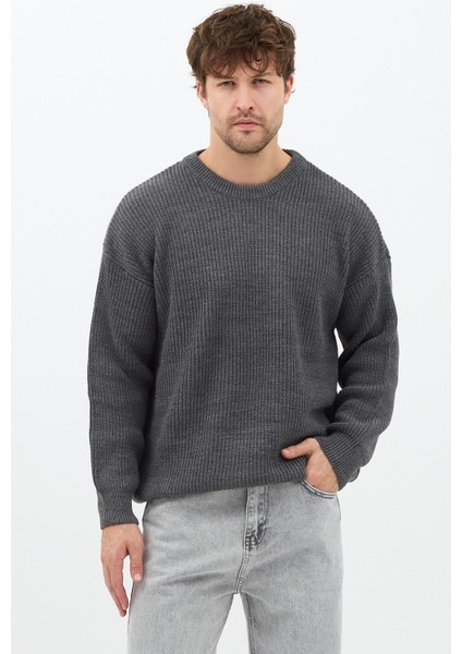 Erkek Koyu Füme Regular Fit Bisiklet Yaka Örgülü Triko