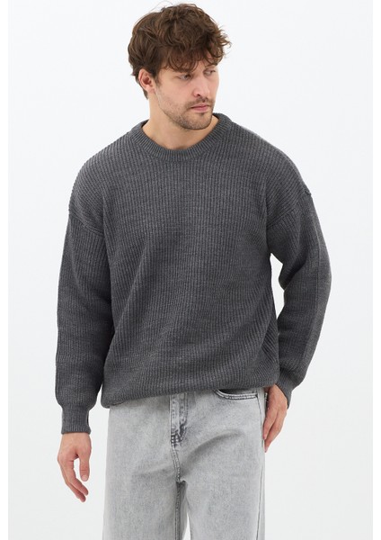 Erkek Koyu Füme Regular Fit Bisiklet Yaka Örgülü Triko indirimleri