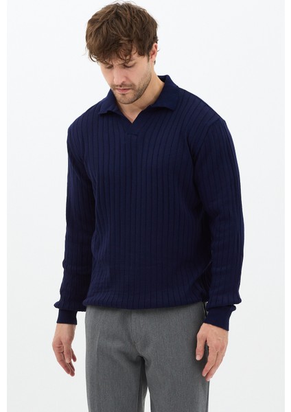 Lacivert Erkek Polo Yaka Fitilli Triko Kazak modelleri