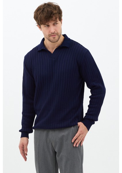 Lacivert Erkek Polo Yaka Fitilli Triko Kazak fırsatları