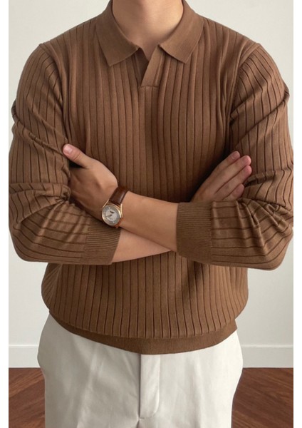 Erkek Kahverengi Slim Fit Uzun Kollu Polo Yaka Triko Kazak