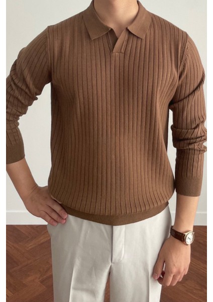 Erkek Kahverengi Slim Fit Uzun Kollu Polo Yaka Triko Kazak fiyatları