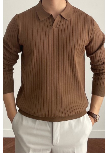 Erkek Kahverengi Slim Fit Uzun Kollu Polo Yaka Triko Kazak modelleri