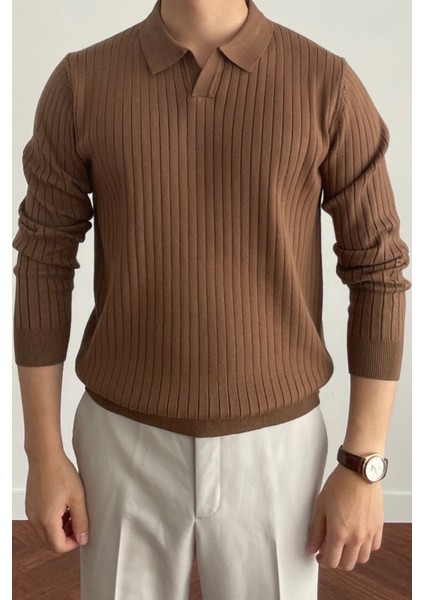 Erkek Kahverengi Slim Fit Uzun Kollu Polo Yaka Triko Kazak fırsatları