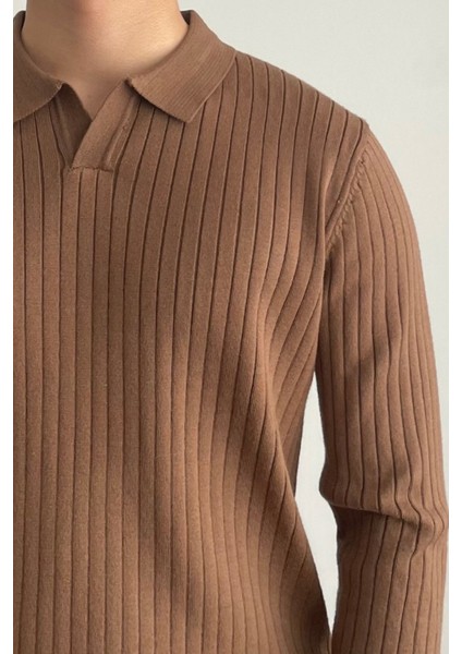 Erkek Kahverengi Slim Fit Uzun Kollu Polo Yaka Triko Kazak indirimleri
