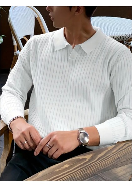 Beyaz Erkek Polo Yaka Fitilli Triko Kazak fiyatları