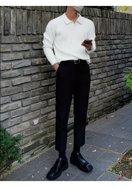 Beyaz Erkek Polo Yaka Fitilli Triko Kazak modelleri