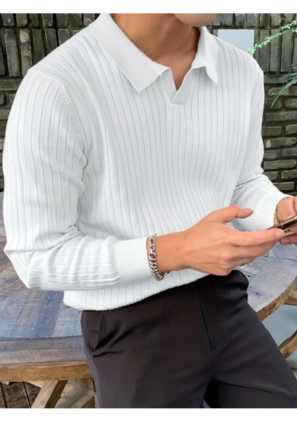 Beyaz Erkek Polo Yaka Fitilli Triko Kazak fırsatları