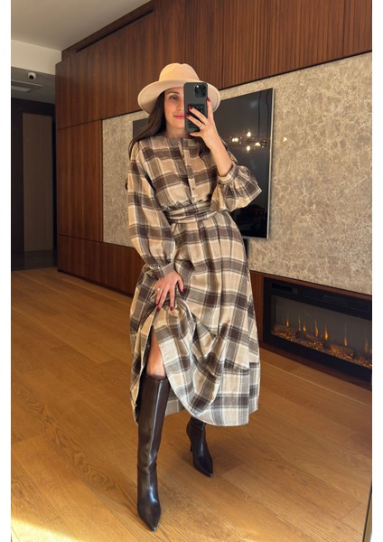 Ekose Gömlek Elbise- Kahverengi indirimleri