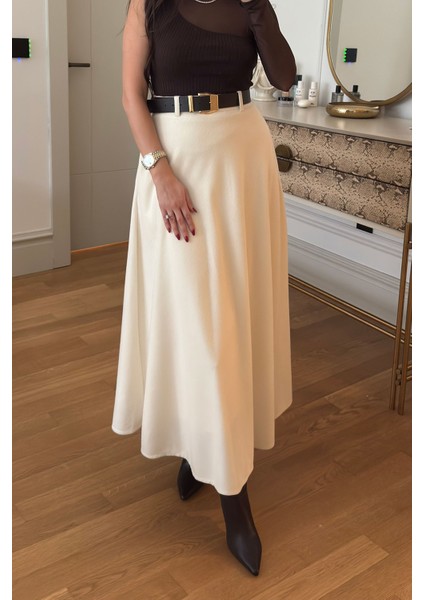 Örme Verevli Yandan Fermuarlı Etek- Ekru