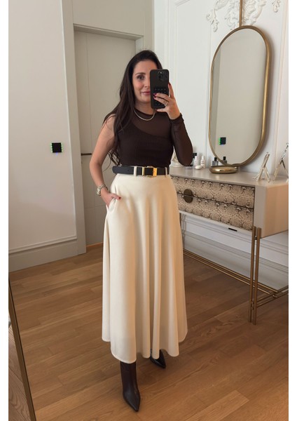 Örme Verevli Yandan Fermuarlı Etek- Ekru fiyatları