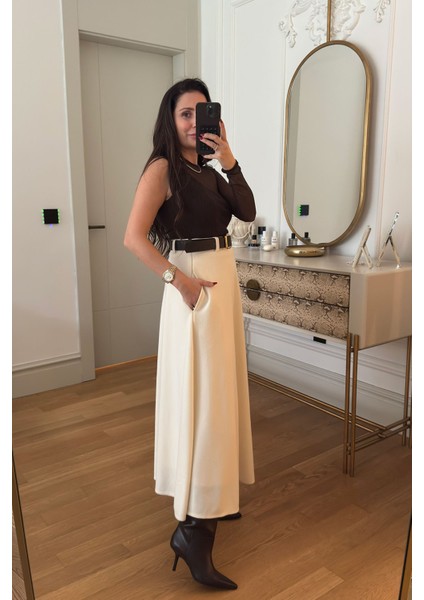 Örme Verevli Yandan Fermuarlı Etek- Ekru fırsatları