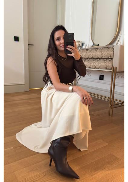 Örme Verevli Yandan Fermuarlı Etek- Ekru indirimleri