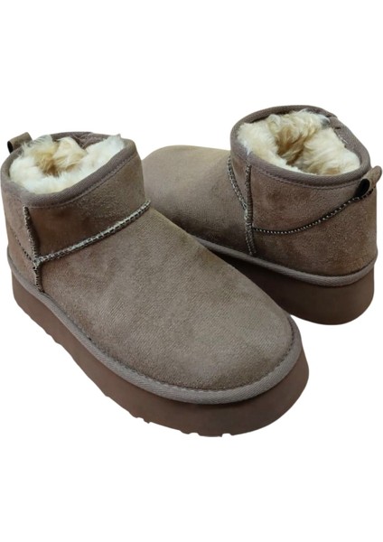 Ce&ce Bilekboy Kadın Süet Peluşlu Kalın Taban Günlük Bot Vizon