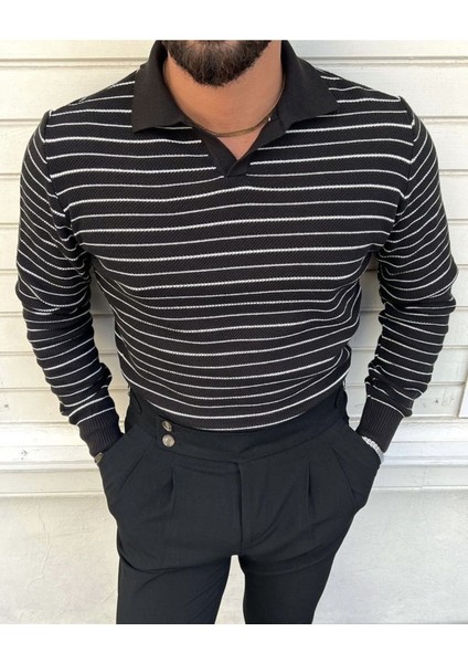 Siyah Erkek Slim Fit Polo Yaka Patlı Triko KAZAK-TRZ19132R04S