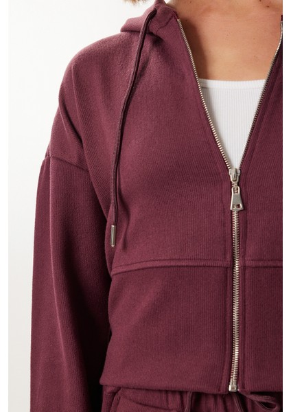 Kapüşonlu Fermuarlı Örme Alt-Üst Takım LCI0049 Mürdüm indirimleri