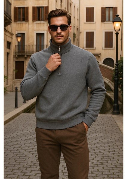 Erkek Kışlık Polo Yaka Antrasit Fermuarlı Sweatshirt fiyatları