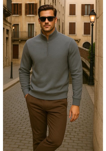 Erkek Kışlık Polo Yaka Antrasit Fermuarlı Sweatshirt modelleri