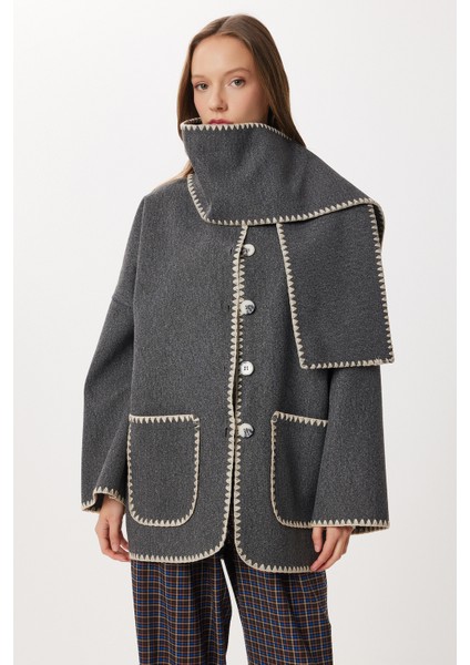 Atkı Detaylı Nakış Işlemeli Kaşe Ceket LNT0015 Antrasit