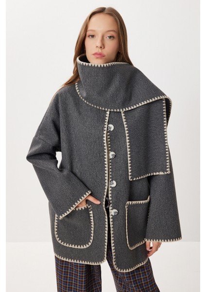 Atkı Detaylı Nakış Işlemeli Kaşe Ceket LNT0015 Antrasit fiyatları