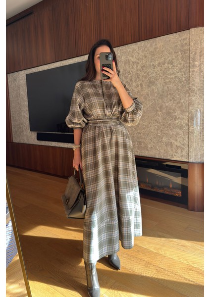 Ekose Gömlek Elbise- Haki