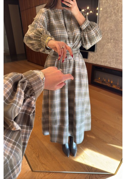 Ekose Gömlek Elbise- Haki fiyatları