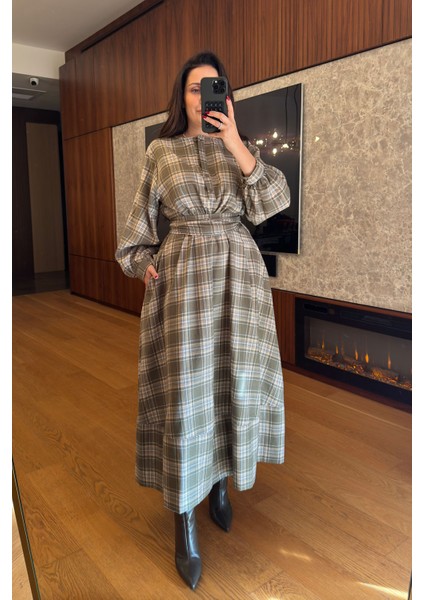 Ekose Gömlek Elbise- Haki modelleri