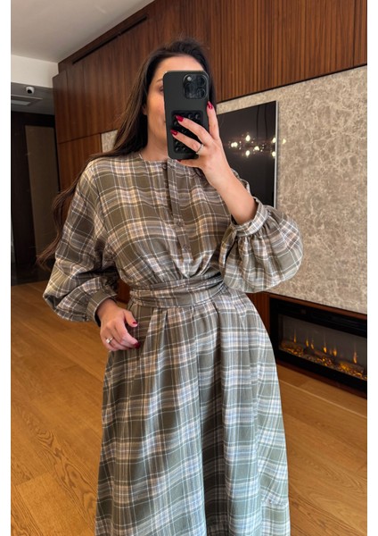 Ekose Gömlek Elbise- Haki fırsatları