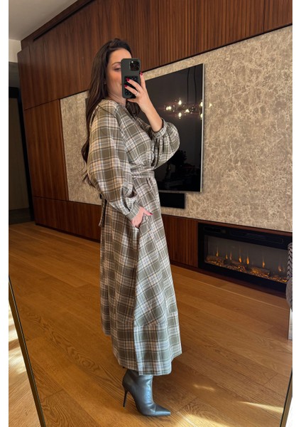 Ekose Gömlek Elbise- Haki indirimleri