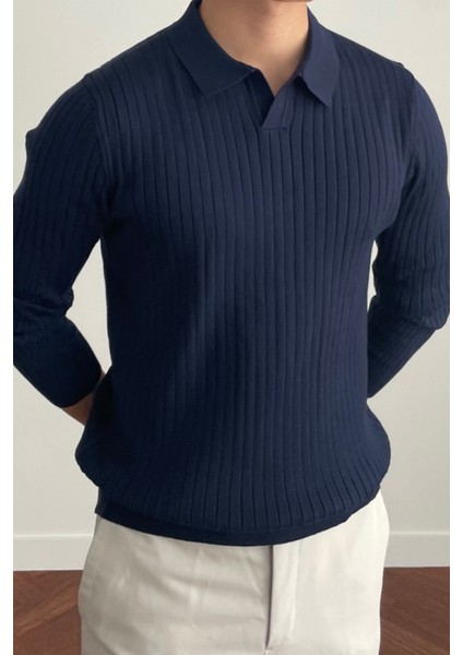 Erkek Lacivert Slim Fit Uzun Kollu Polo Yaka Triko Kazak fiyatları