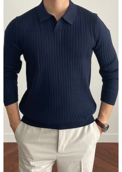 Erkek Lacivert Slim Fit Uzun Kollu Polo Yaka Triko Kazak modelleri