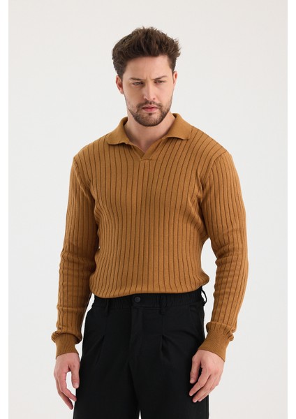 Erkek Polo Yaka Fitilli Triko Kazak