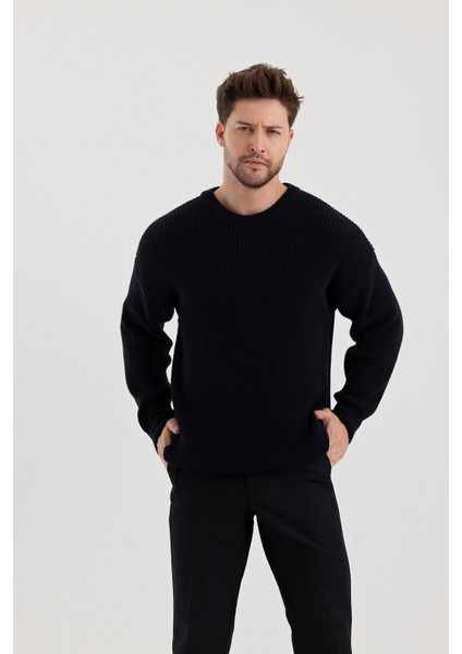 Erkek Lacivert Regular Fit Bisiklet Yaka Örgülü Triko