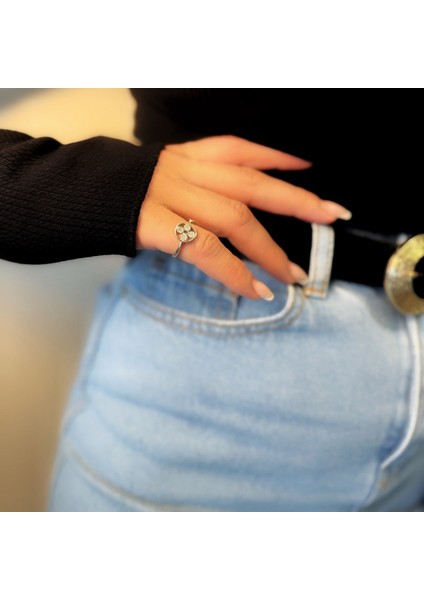 Ayarlanabilir Yonca Şans Gümüş Yüzük