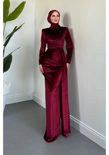 Selis Balık Model Kadife Kumaş Tesettür Abiye- Bordo