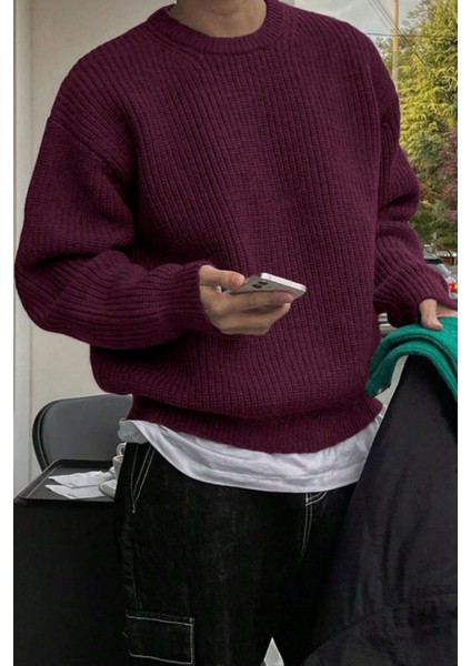 Erkek Bordo Regular Fit Bisiklet Yaka Örgülü Triko