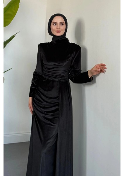 Selis Balık Model Kadife Kumaş Tesettür Abiye- Siyah fiyatları
